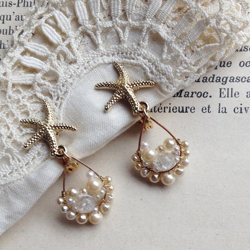 14 kgf Starfish x Vintage Pearl Bijou Drops Earrings earring / ear clip - 耳环/耳夹 - 宝石 白色