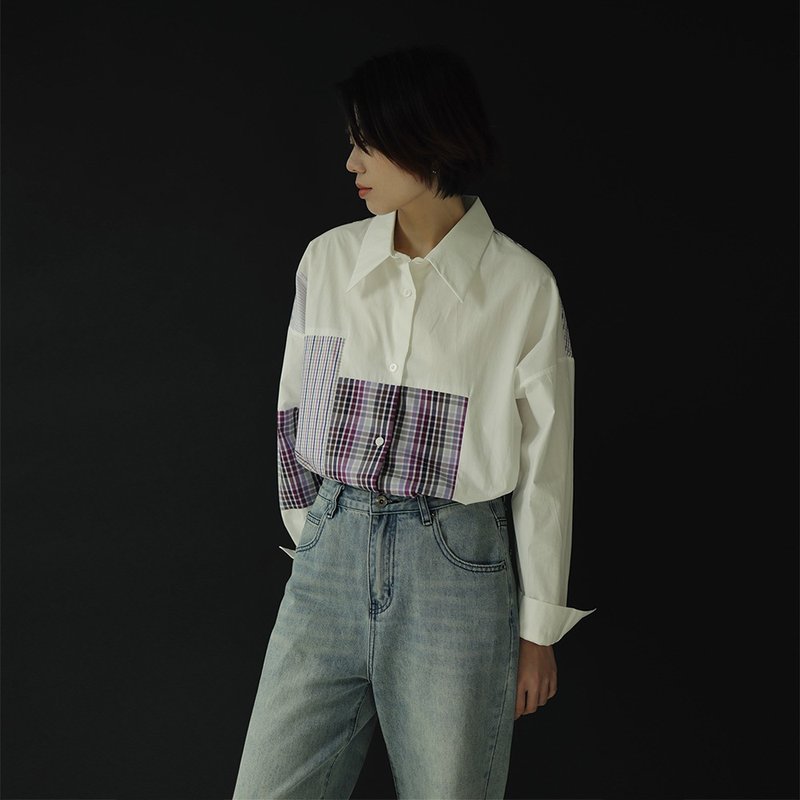 紫色格纹拼接白衬衫 - 女装衬衫 - 棉．麻 