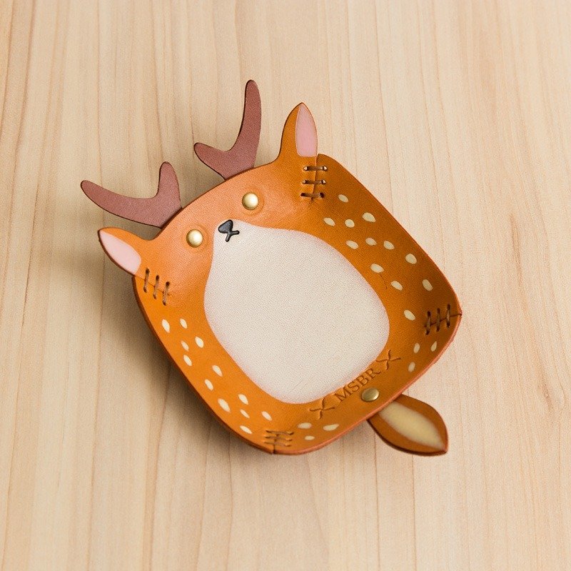 手绘皮革收纳置物盘(台湾特有种-梅花鹿) - 浅碟/小碟子 - 真皮 橘色