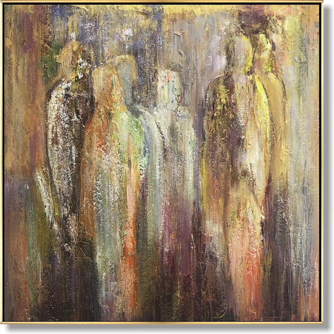 大型抽象油画，画布上色彩缤纷的抽象画，原创艺术 - 墙贴/壁贴 - 压克力 金色