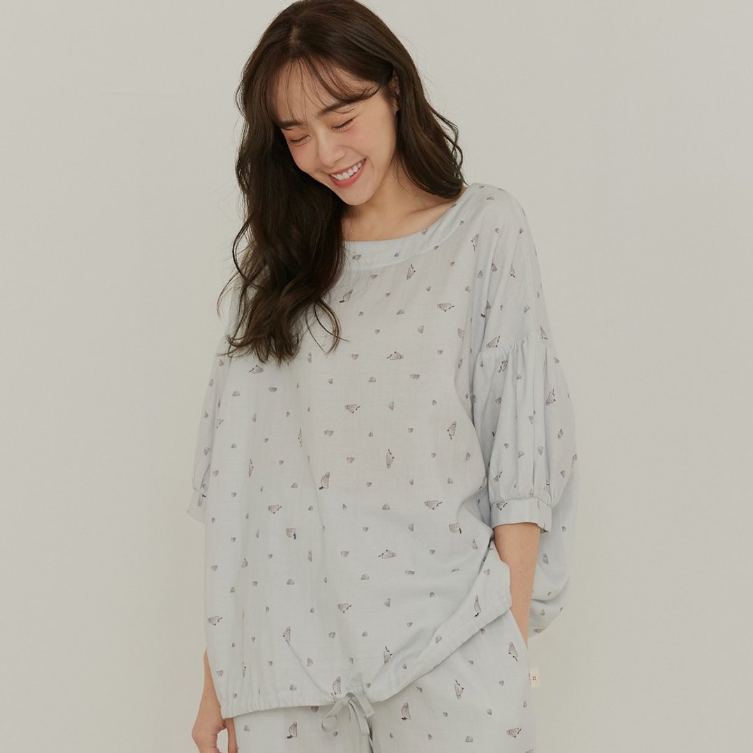 完售】二重纱印花宽版公主袖居家服套装-雾蓝灰-胶原蛋白纱 - 居家服/睡衣 - 棉．麻 灰色