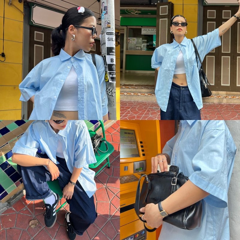 短袖 Oversize 衬衫 - 女装衬衫 - 其他材质 蓝色