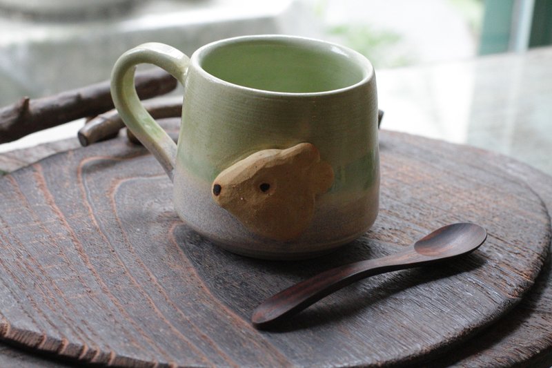 手拉坏森林动物小熊陶杯/陶瓷咖啡杯/马克杯 - 咖啡杯/马克杯 - 陶 绿色