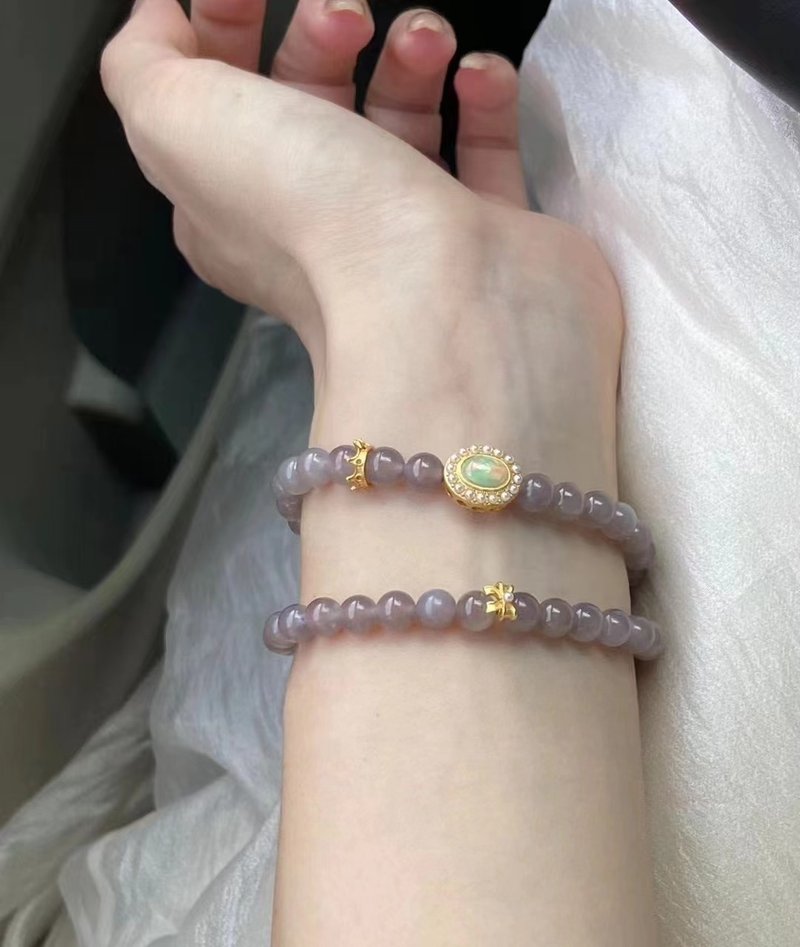 天然和田玉 /和阗玉-烟紫玉 欧泊镶嵌纯银皇冠设计双圈手链手串 - 手链/手环 - 宝石 紫色