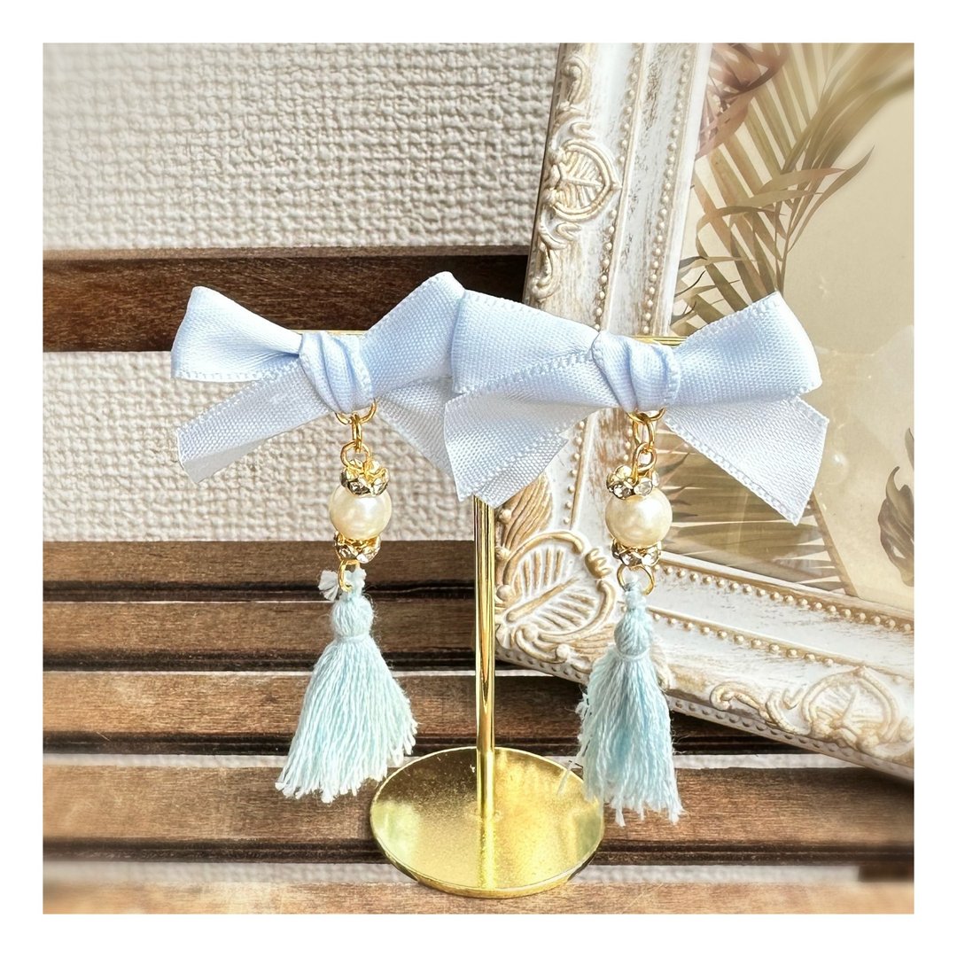 Princess earrings ribbon & tassel - 耳环/耳夹 - 棉 蓝色