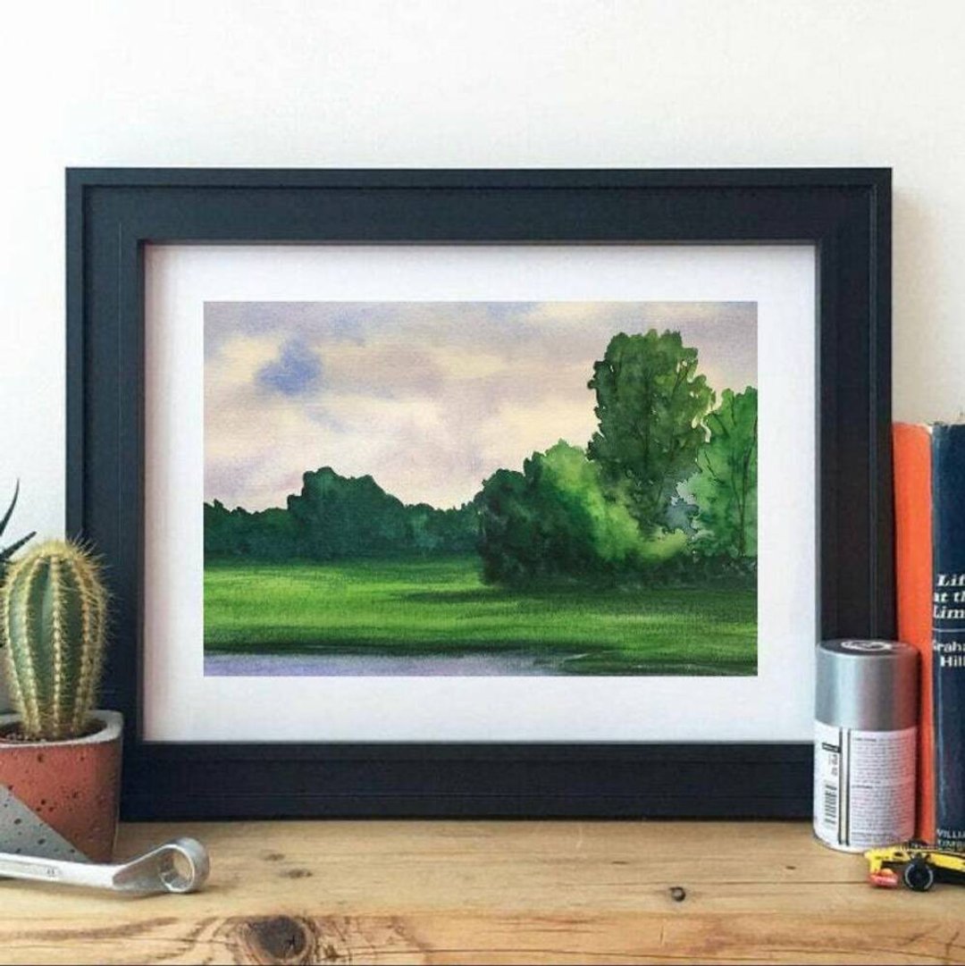 Original Watercolor Landscape River Painting Green Trees Landscape Clouds Art - 墙贴/壁贴 - 纸 多色