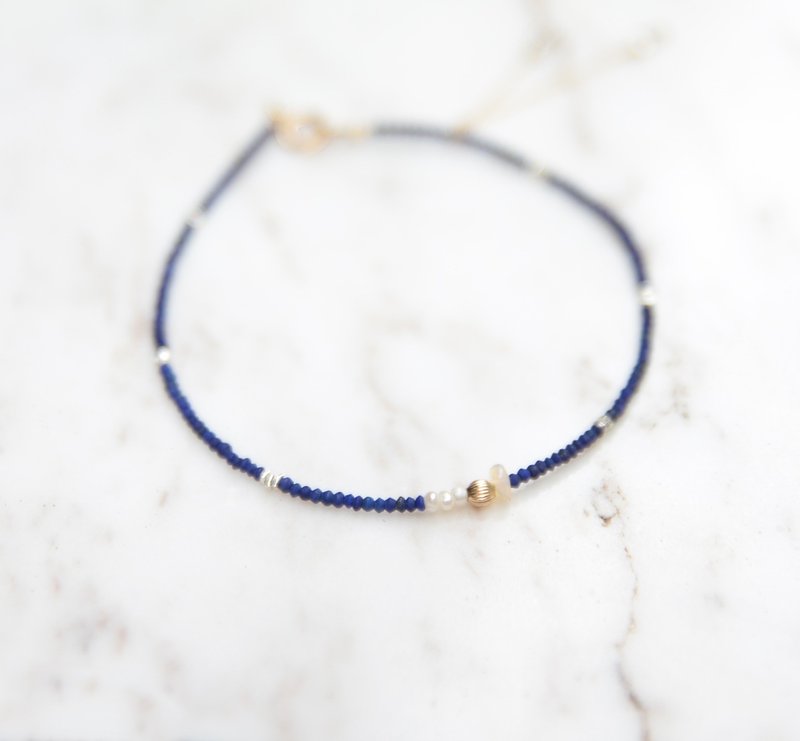 非洲欧珀蛋白、青金石、淡水珍珠 /半宝石 / 14包K金、925纯银手链 - 手链/手环 - 其他金属 蓝色