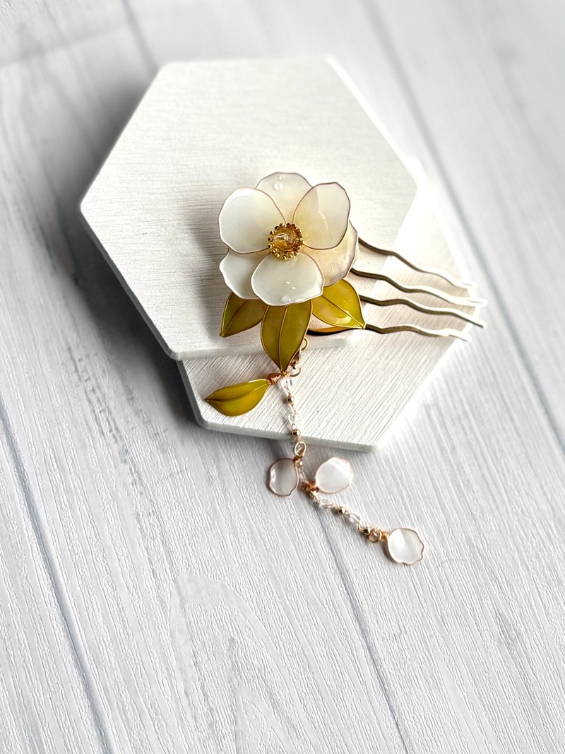 白茶花四齿发梳-花瓣垂坠摇摆 可改鸭嘴夹 - 发饰 - 树脂 白色