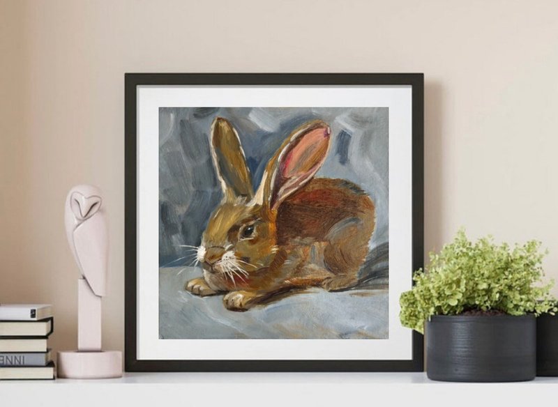 Cute Rabbit original oil painting animal portrait wall art 6x6 inches handmade - 墙贴/壁贴 - 其他材质 卡其色