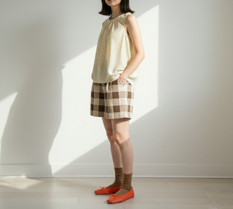 格纹灯芯绒短裤 - 女装短裤 - 其他材质 