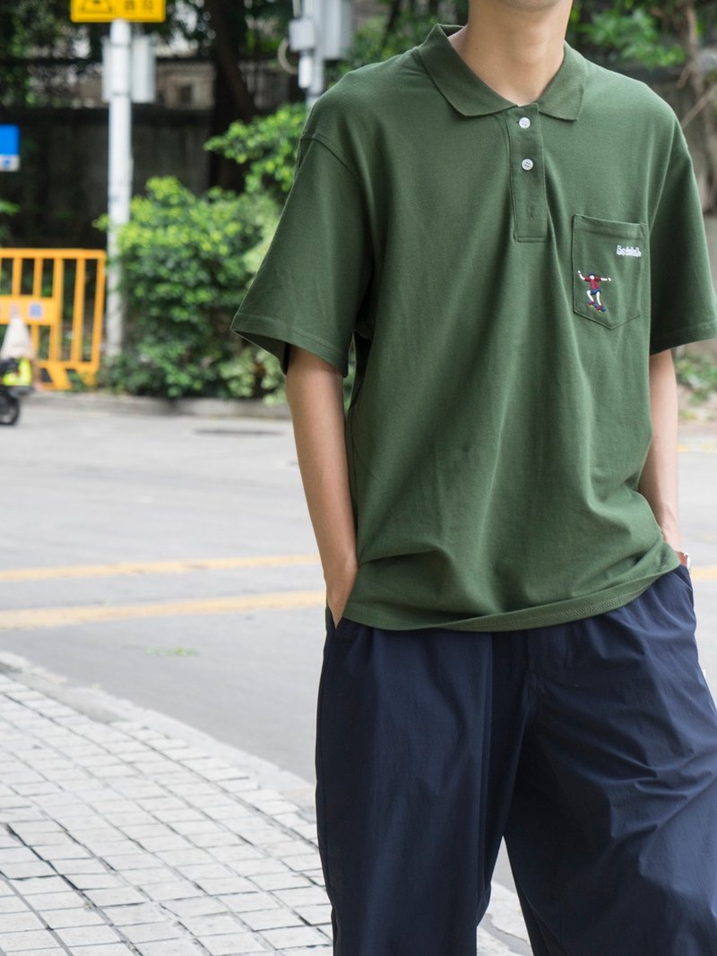 推荐 夏季滑板刺绣 珠纹纯色口袋Polo 宽松短袖日系复古 - 男装上衣/T 恤 - 棉 绿色