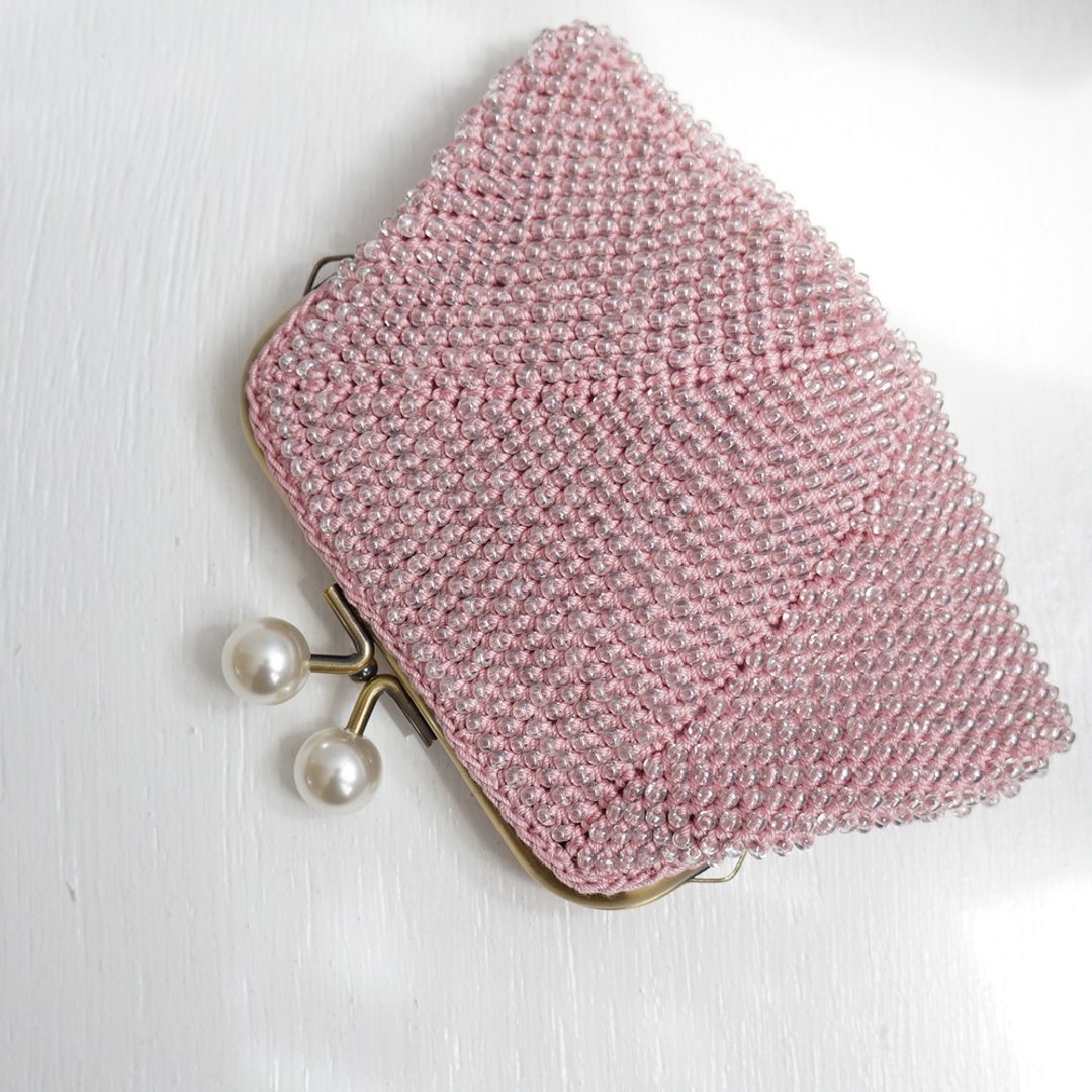 Ba-ba handmade Beads crochet square pouch No.1498 - 皮夹/钱包 - 其他材质 粉红色