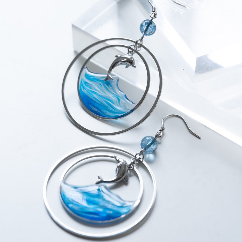 海洋系列 | 海洋大圈耳环 925银针 可改耳夹 - 耳环/耳夹 - 树脂 蓝色