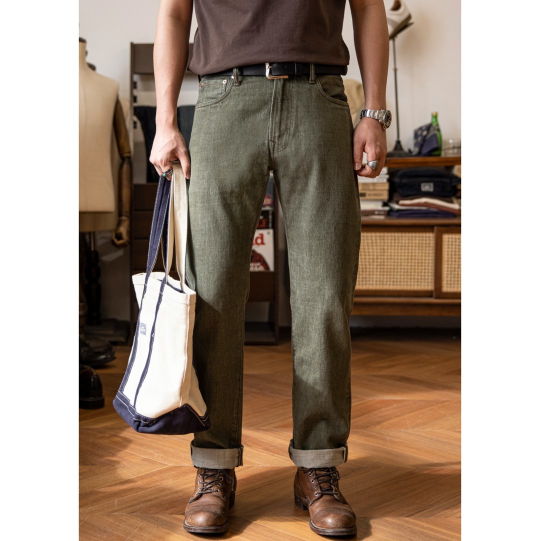 茶绿色复古牛仔裤 中腰直筒 14oz 古董窄幅 绿色赤耳 511版型 - 男士长裤 - 棉 绿色