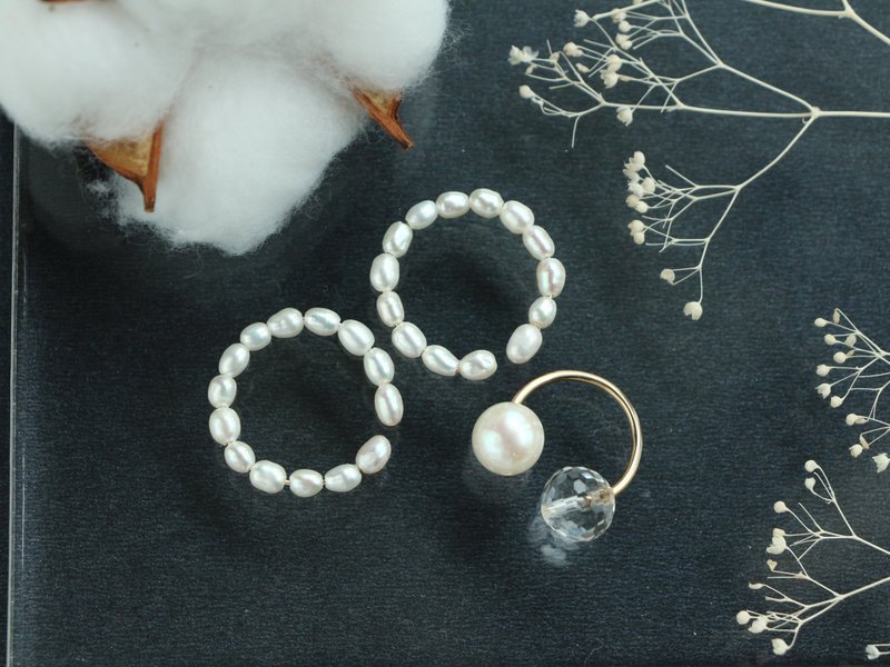14kgf- rice pearl & crystal ear cuff set - 耳环/耳夹 - 其他金属 金色