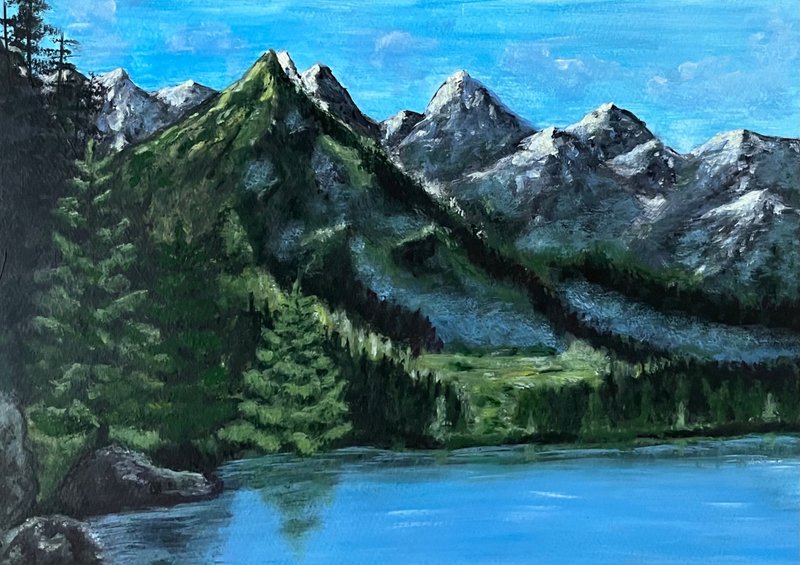 Morning in the mountains. Mountain landscape. Gouache paint - 墙贴/壁贴 - 纸 