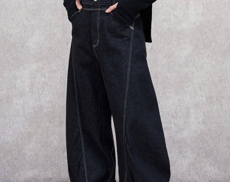 【破】弯刀廓形/多褶结构明线牛仔裤 - 男士长裤 - 棉．麻 黑色