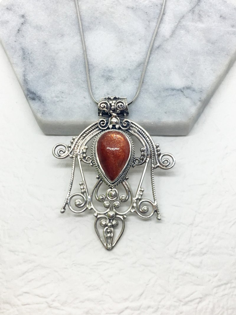 太阳石日光石925纯银宫廷华丽风格项链 尼泊尔手工镶嵌制作 - 项链 - 宝石 橘色