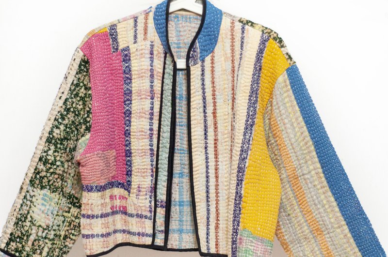 手缝纱丽布拼接纯棉外套 印度纯棉拼布罩衫 纱丽线刺绣外套-油画 - 女装休闲/机能外套 - 棉．麻 多色