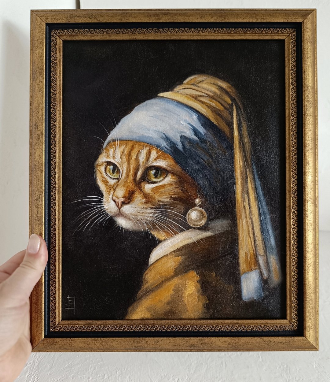 戴珍珠耳环的猫油画 20*25厘米 - 墙贴/壁贴 - 其他材质 咖啡色