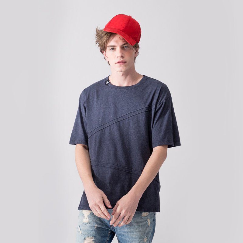 【中性款】 侧边拉链织带短袖t-shirt / 麻灰蓝色 - 男装上衣/T 恤 - 棉．麻 蓝色