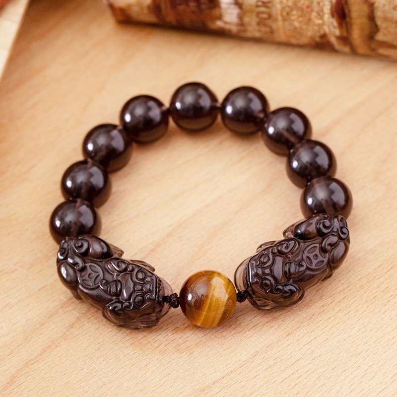 天然冰种黑曜石双貔貅手链(含开光)驱邪、化煞、转运、增财 - 手链/手环 - 宝石 黑色