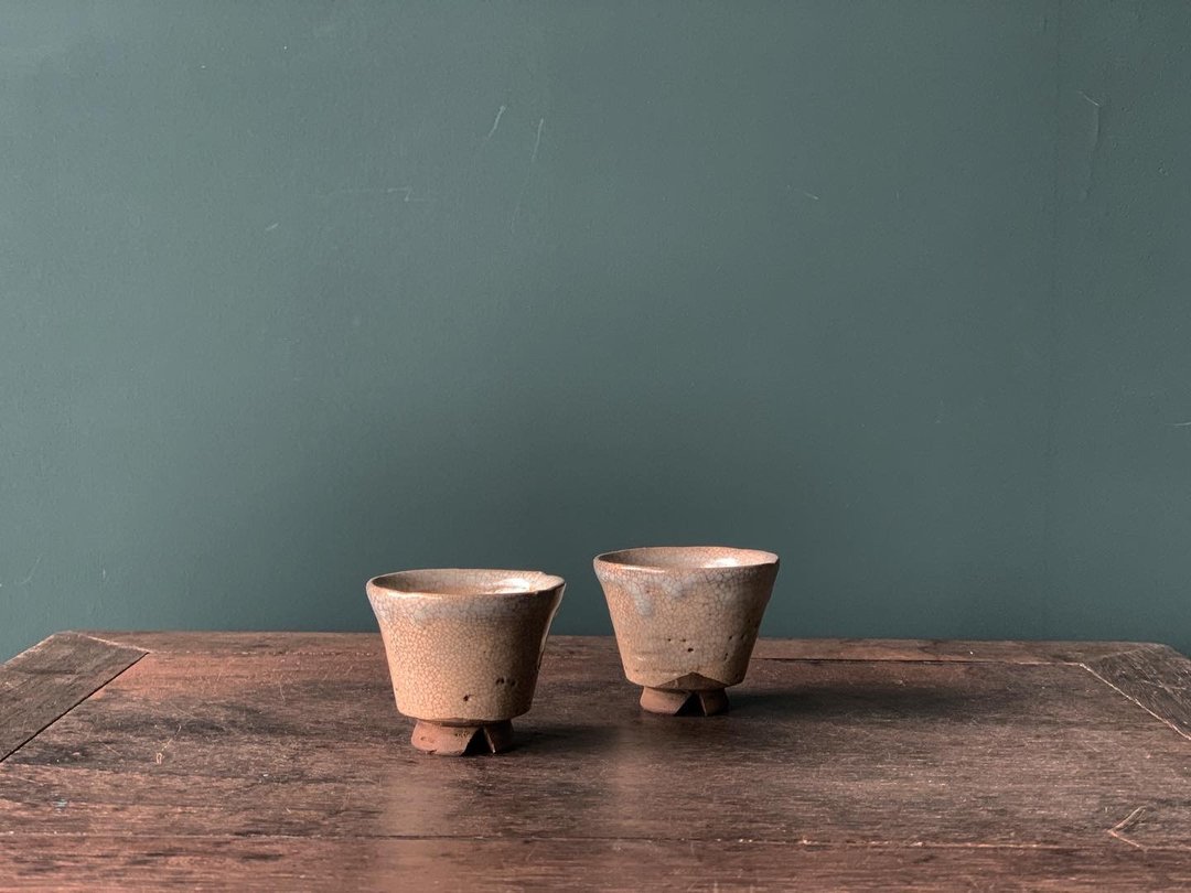 日本带回 老件 萩烧小杯一对 - 茶具/茶杯 - 陶 