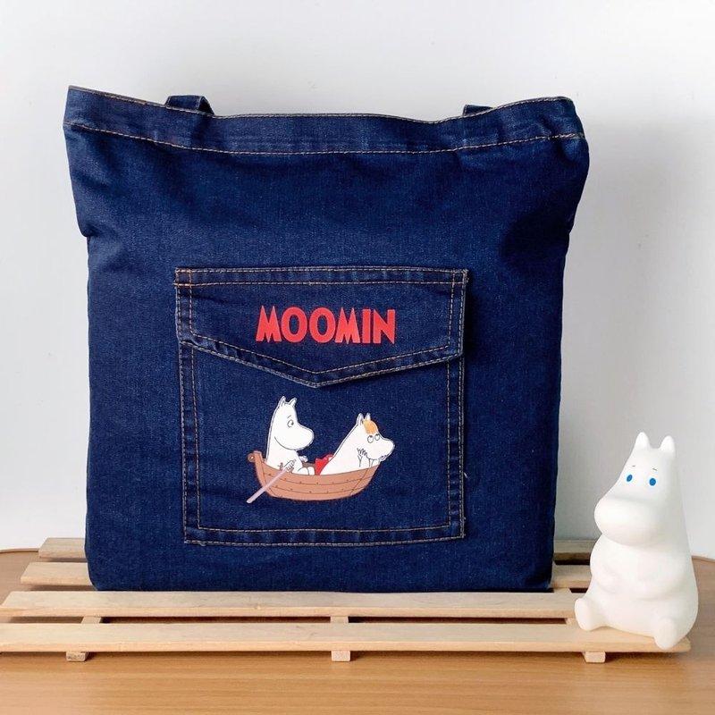 Moomin授权-丹宁系列 牛仔手提购物包(深蓝) - 侧背包/斜挎包 - 棉 白色