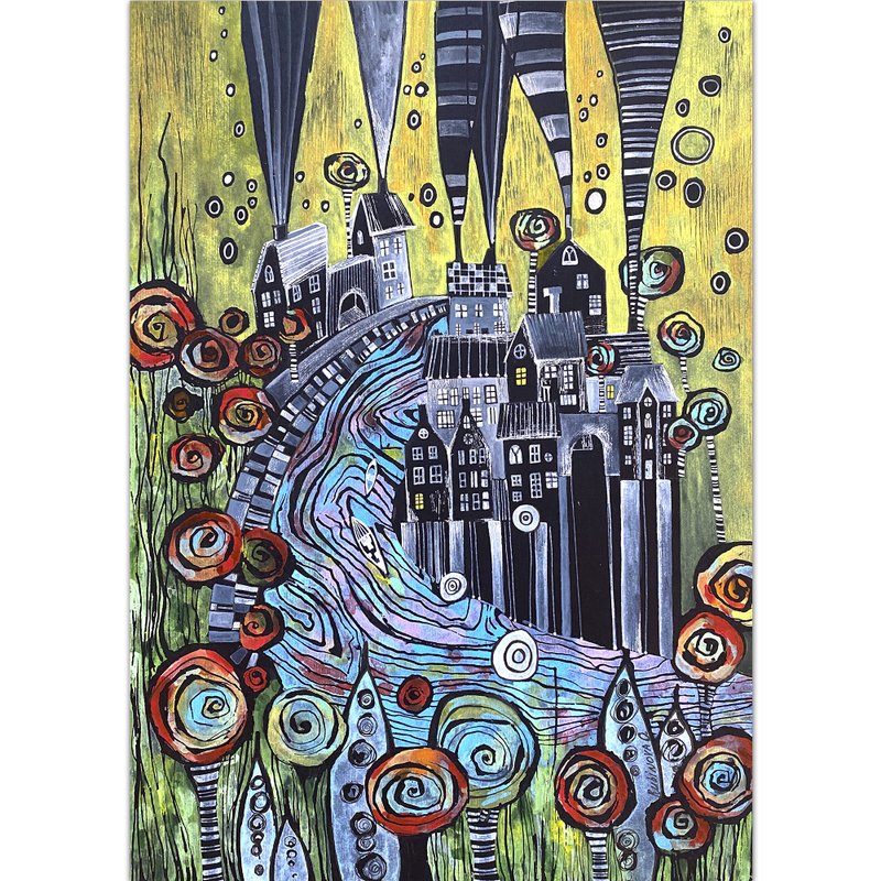 Whimsical painting Cityscape Original art Black paper artwork A3 - 海报/装饰画/版画 - 纸 多色