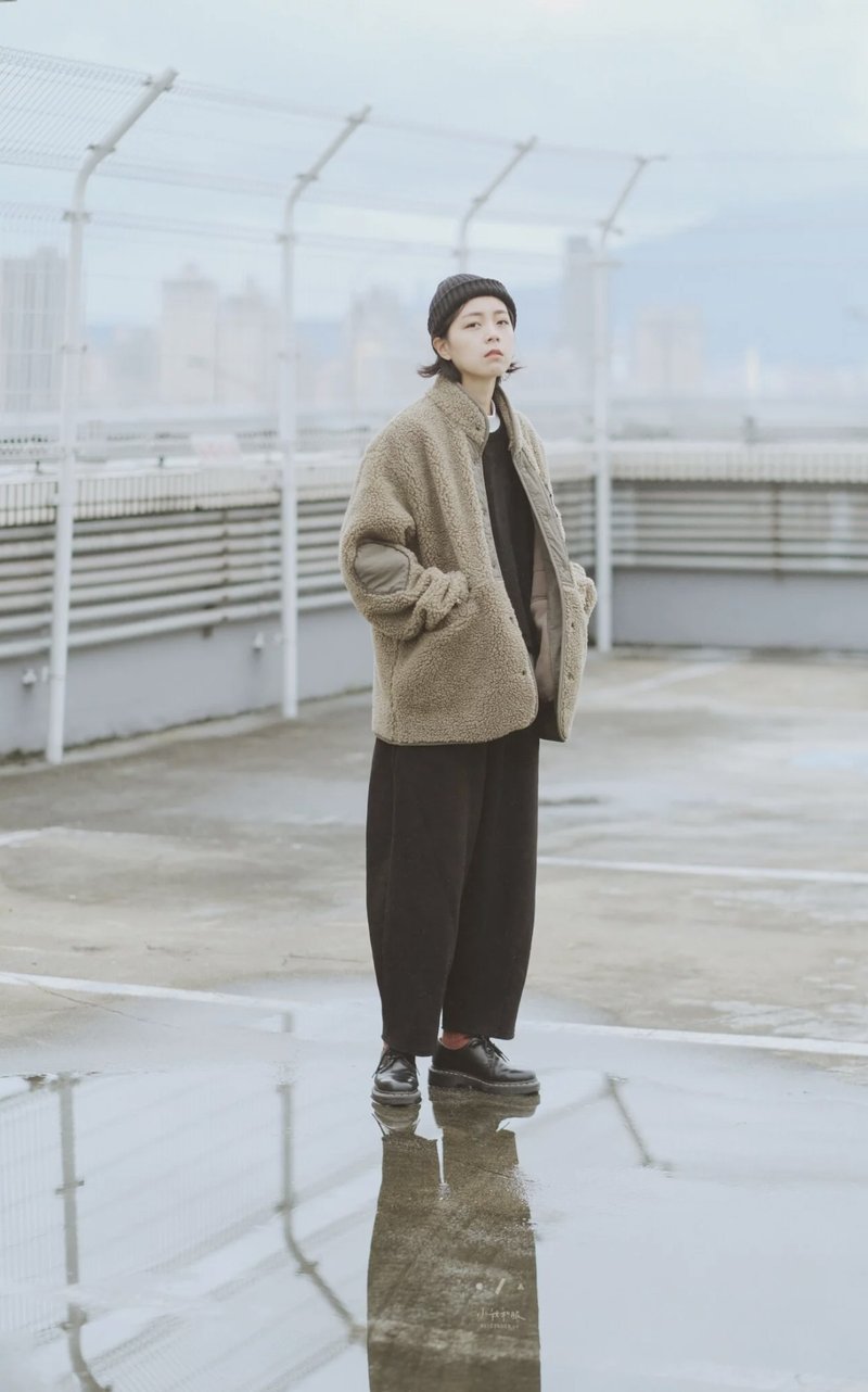 补丁保暖摇粒绒立领外套 - 男装外套 - 棉．麻 绿色