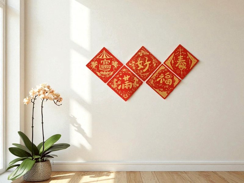 2026 丙午 · 马年│手工绢印方形春联5入 万年红洒金厚宣卡 - 红包/春联 - 纸 红色