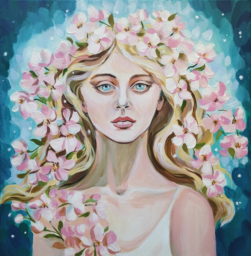 用花画春天苹果树的应用程式压克力画布原创艺术 - 墙贴/壁贴 - 其他材质 粉红色