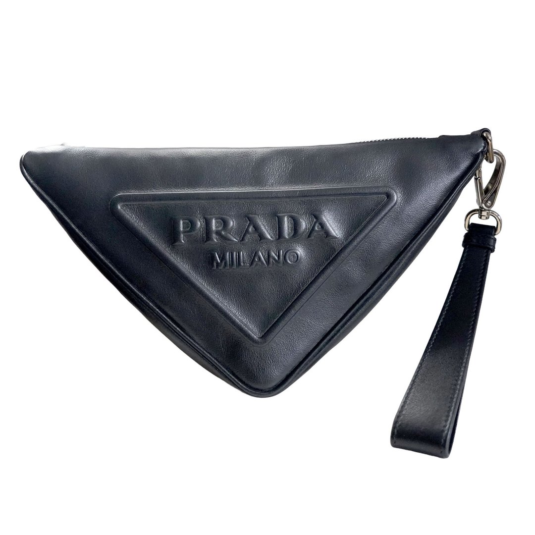 PRADA 黑色小羊皮巨型三角logo拉链手拿包 - 手拿包 - 其他材质 黑色