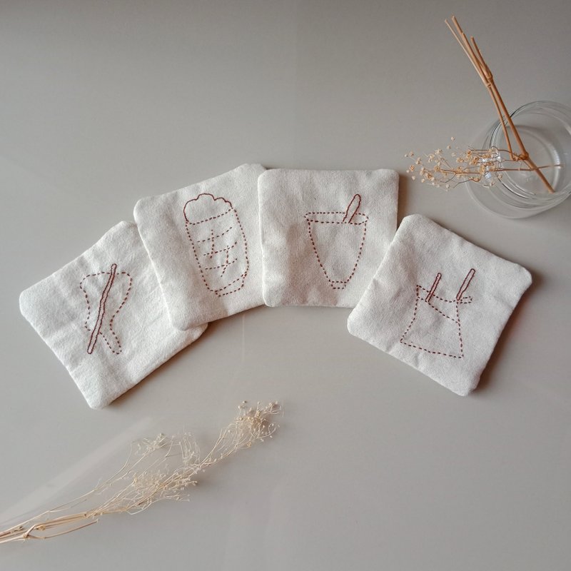 Thai street food coaster set hand embroidered 4 PCS - 杯垫 - 棉．麻 白色