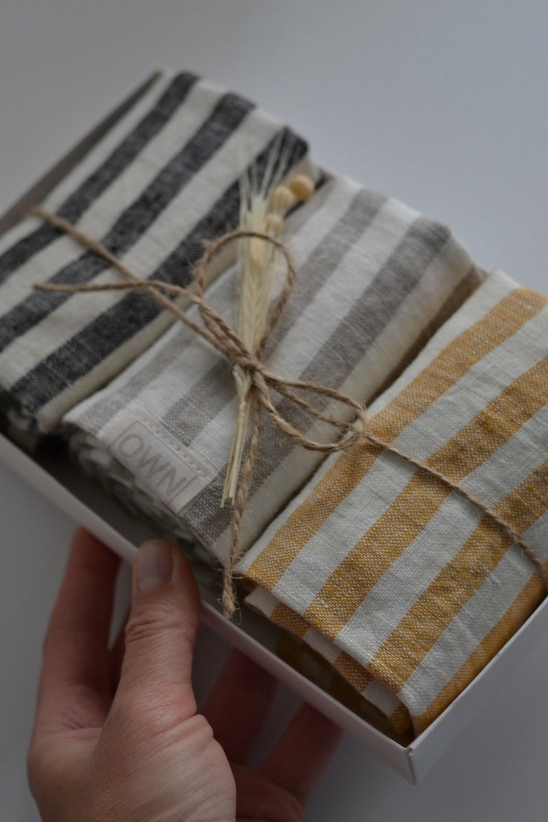 套装3亚麻厨房条纹毛巾,吸水手工餐巾,用于礼物 - 毛巾浴巾 - 亚麻 