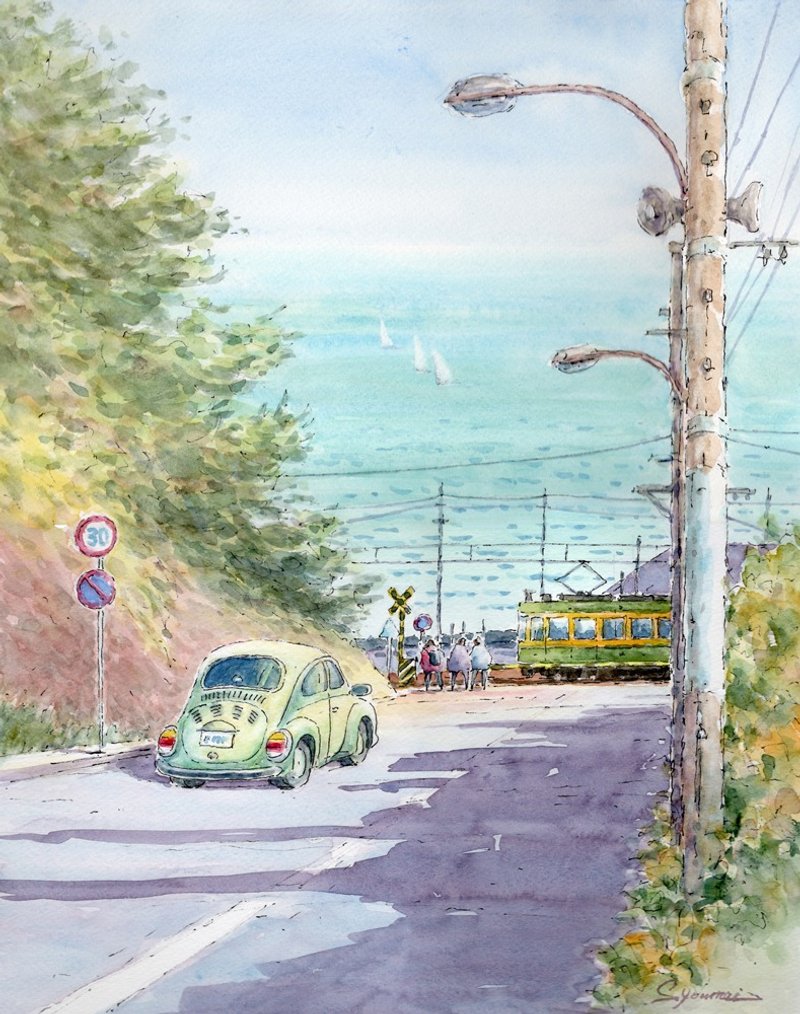 订制绘制：江之电・七里滨平交道 - 海报/装饰画/版画 - 纸 蓝色