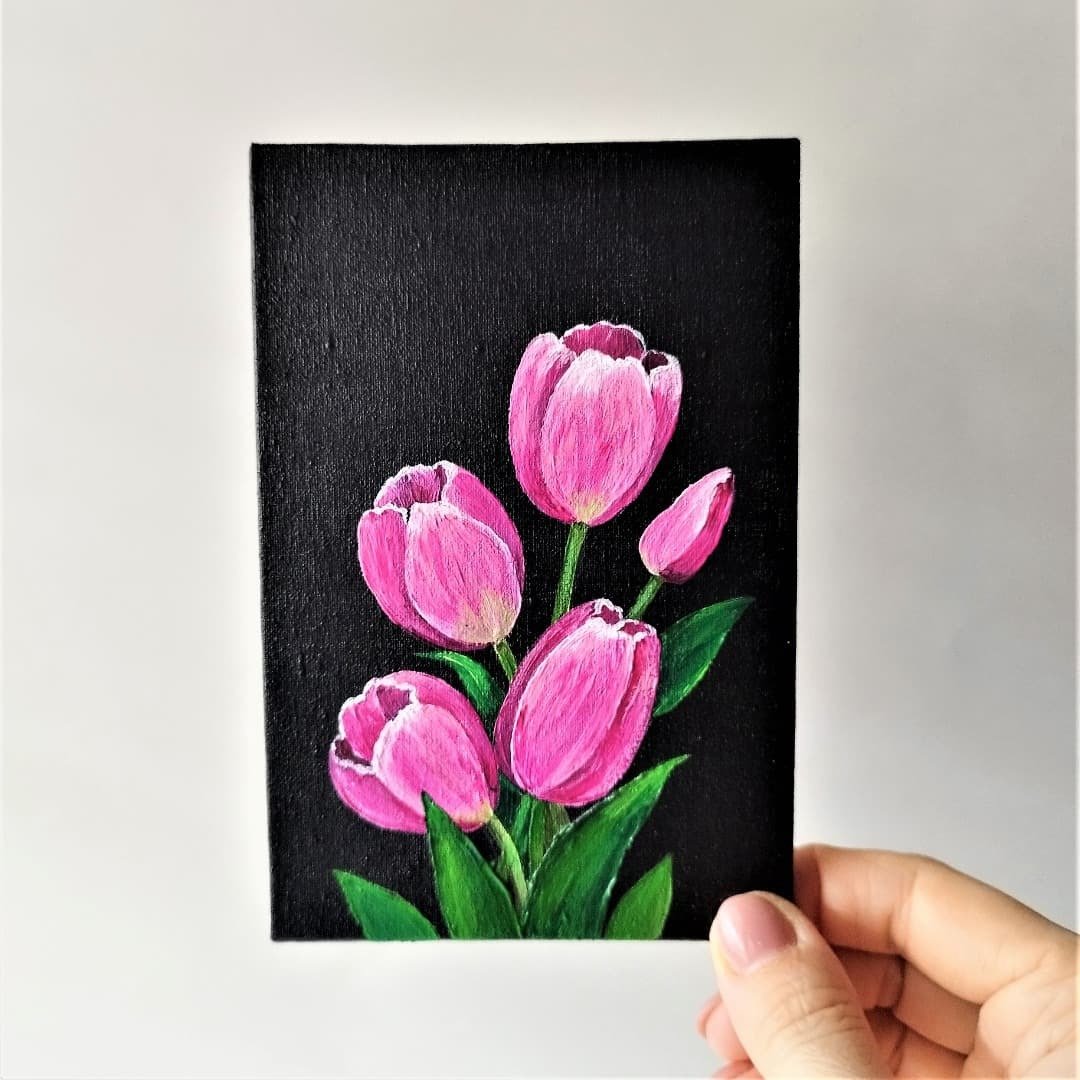 Small wall decor Flower painting acrylic Bouquet art Pink tulips painting 客廳 掛畫 - 墙贴/壁贴 - 压克力 多色