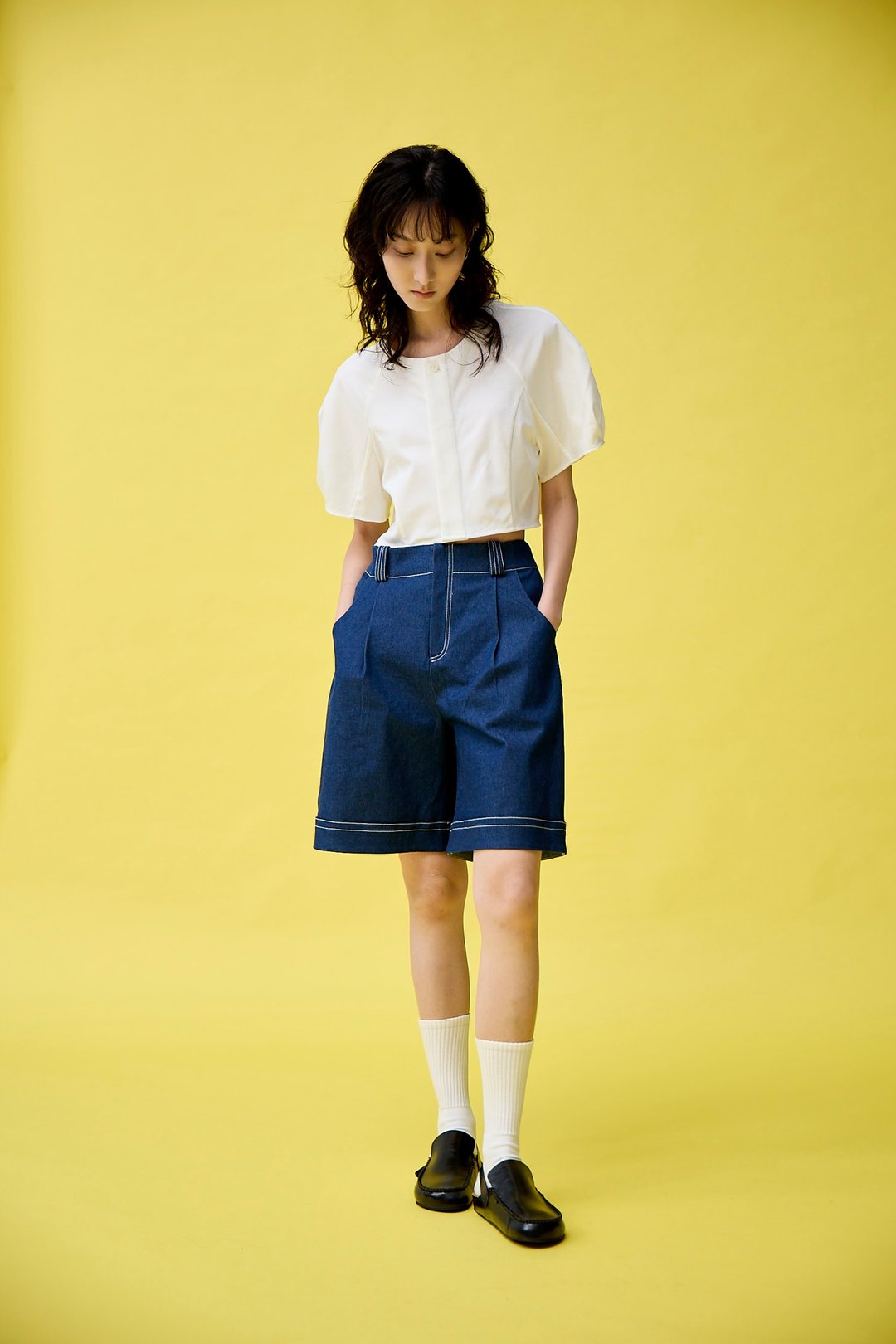 圆领蓬袖短衬衫 - 女装上衣 - 其他材质 白色