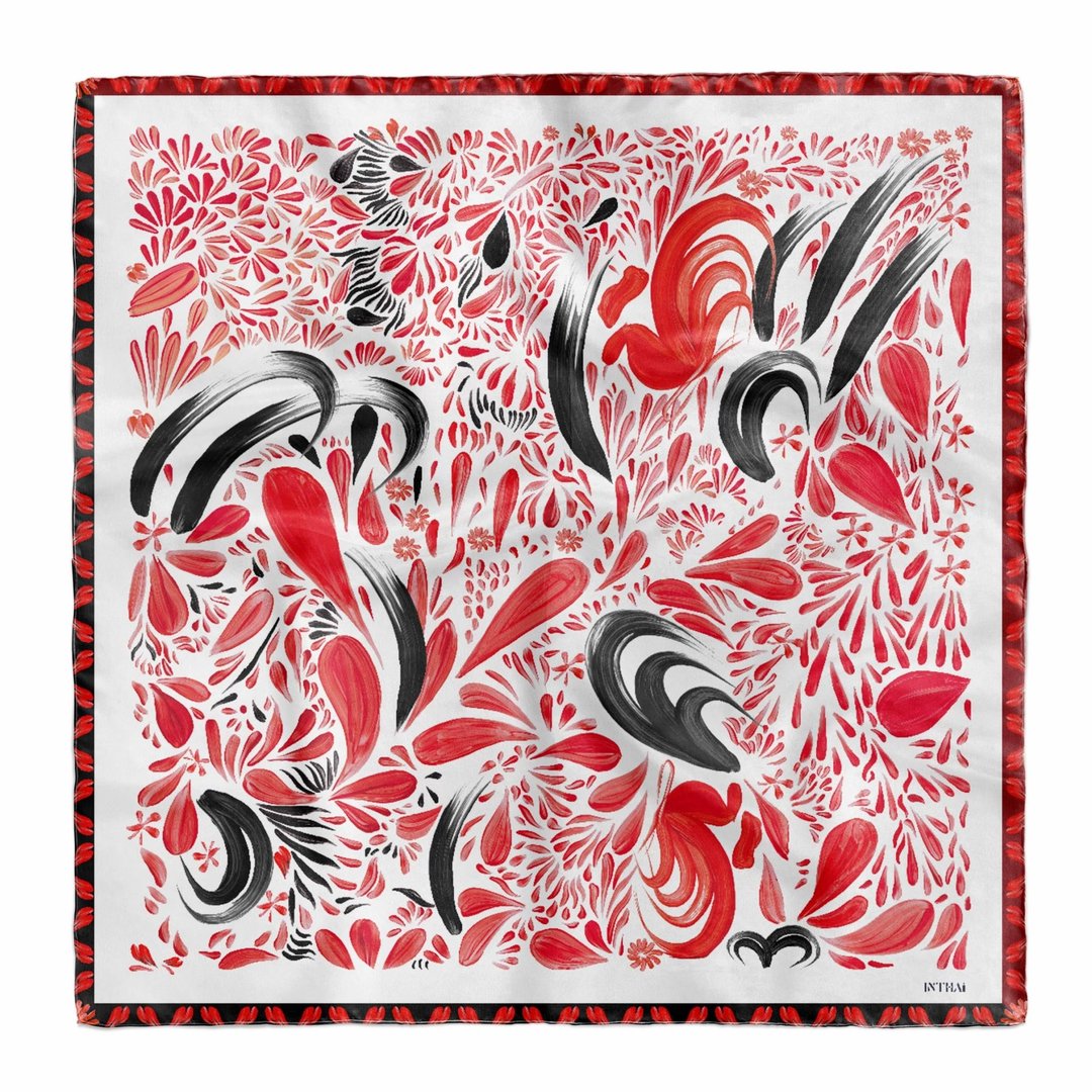 Silk satin scarf - Cham Tra Kai On White - 丝巾 - 其他材质 红色