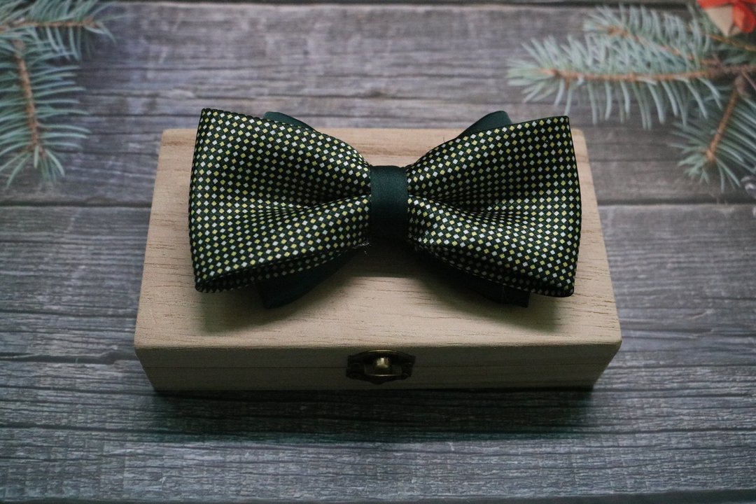 墨綠色小菱形格真絲雙層領結/婚禮新郎蝴蝶結 - 领带/领带夹 - 丝．绢 绿色