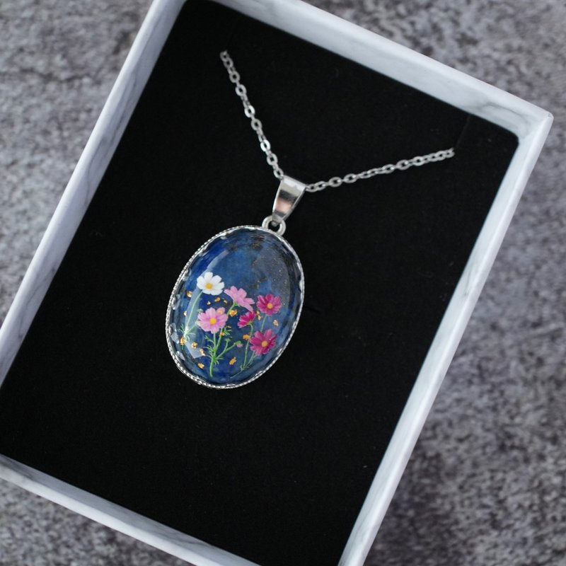 (免费包装) 青金石与秋樱坠饰 项链 金箔 24k - 项链 - 宝石 蓝色