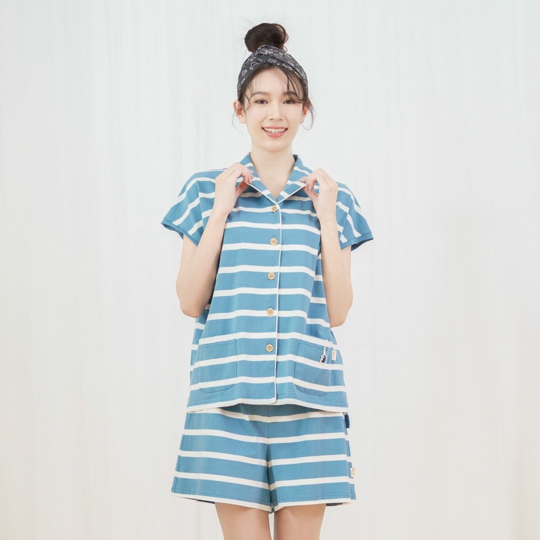 立体小刺猬落肩短袖衬衫-UMORFIL-海浪深蓝/居家服 - 居家服/睡衣 - 棉 蓝色