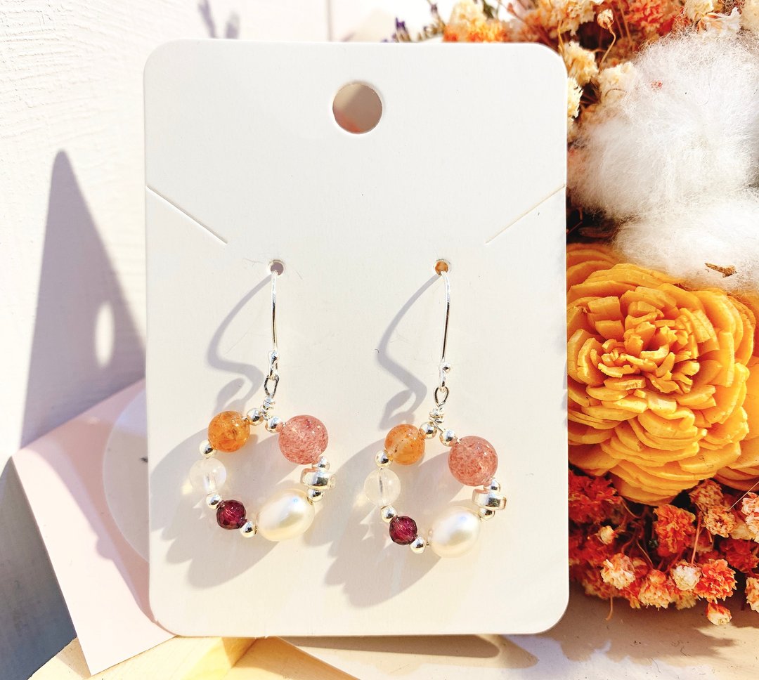 Ops Pearl earrings-珍珠/ 银/橘月光石/月光石/石榴石/耳环/气质 - 耳环/耳夹 - 宝石 橘色