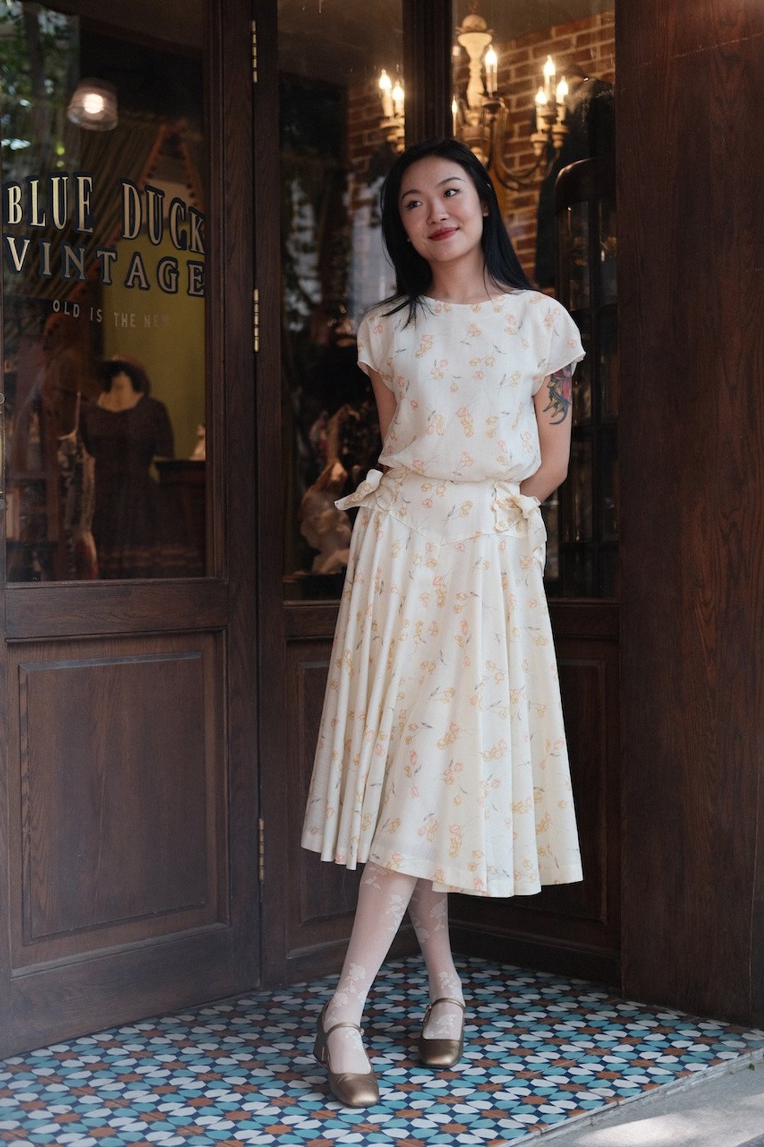 Vintage dress复古印花伞裙连衣裙古着 - 洋装/连衣裙 - 棉 