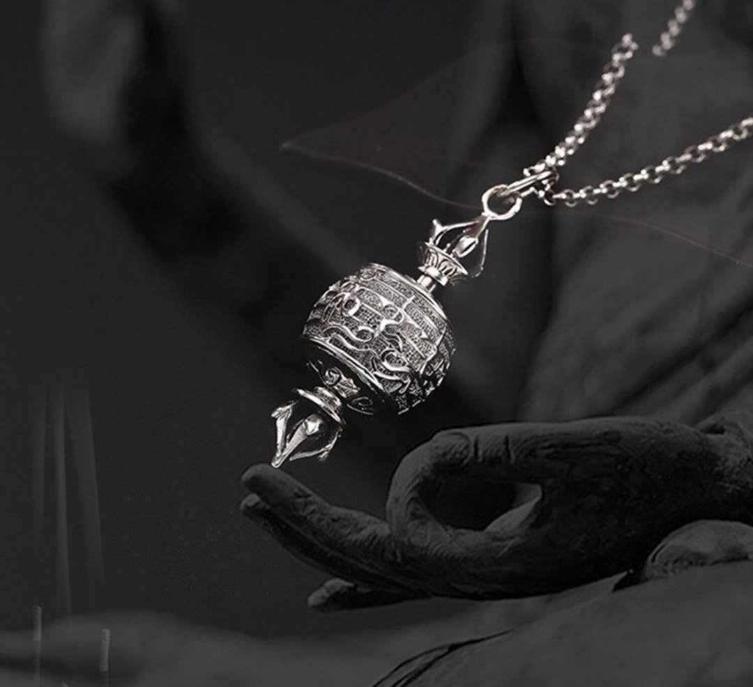 925 Sterling Silver Tibetan Prayer Wheel Necklaces without Chains Handmade - 长链 - 纯银 银色