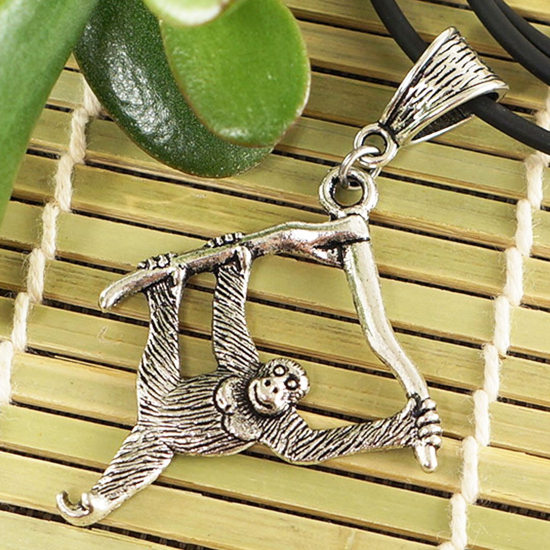 Silver Monkey Necklace Wildlife Jungle Ape Orangutan on Branch Pendant Jewelry - 项链 - 其他金属 银色