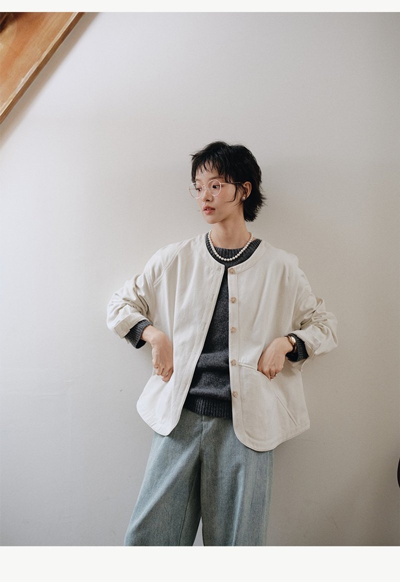 纯棉圆领外套明线设计长袖 - 女装休闲/机能外套 - 棉．麻 多色
