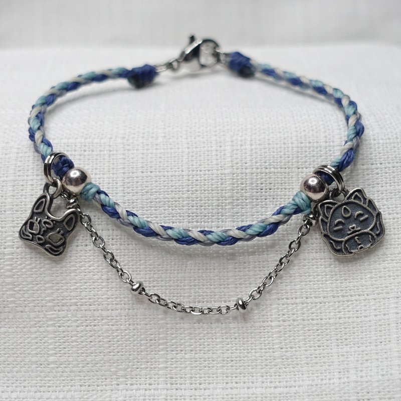 和风九尾狐│吊饰垂链系列手环│蜡线手工编织│纯银饰品 - 手链/手环 - 其他材质 蓝色