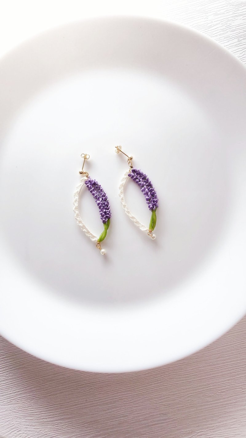 小清新* 手工手鈎蕾丝黏土薰衣草耳环/耳夹 - 耳环/耳夹 - 粘土 