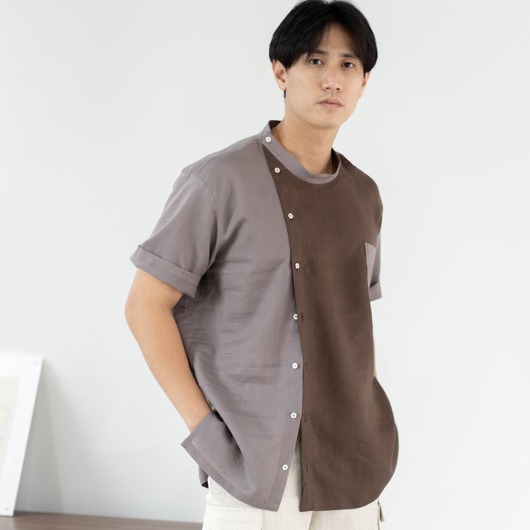 Blue & J Natural Linen Mandarin Collar Shirt Color Block - Pale Brown/Brown - 男装衬衫 - 亚麻 灰色